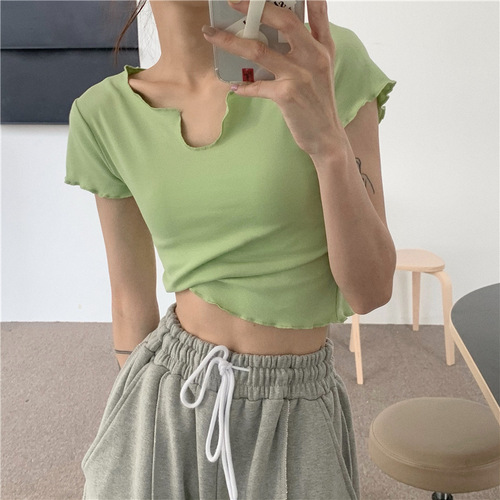 Green Fitted Lock Bone T-Shirt for Women V-Neck Short Sleeve 2025 Summer Short Length Bare Belly Hot Girl Upper Clothing for Women Trendy Hot Girl Style