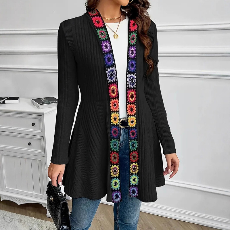 European and American Cross-Border Foreign Trade Women's Clothing Bohemian Floral Appliqué Pit Strip Elegant Knitted Cardigan Stretch Long-Sleeved Jacket