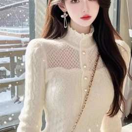 法式绝美高领蕾丝打底衫女装秋冬气质小衫小众别致喇叭袖上衣