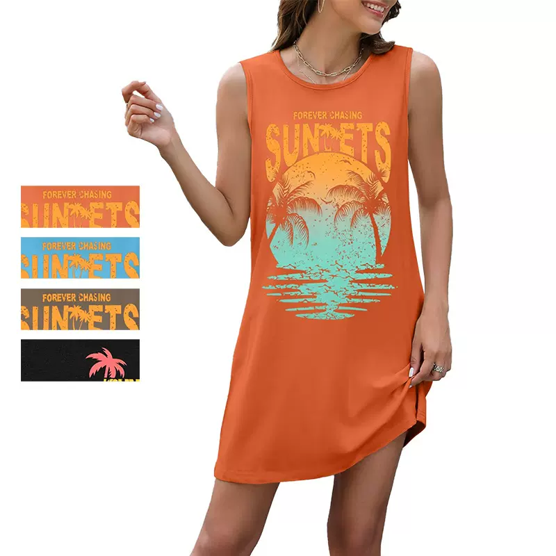 夏款欧美女装图案印花沙滩裙无袖连衣裙背心裙