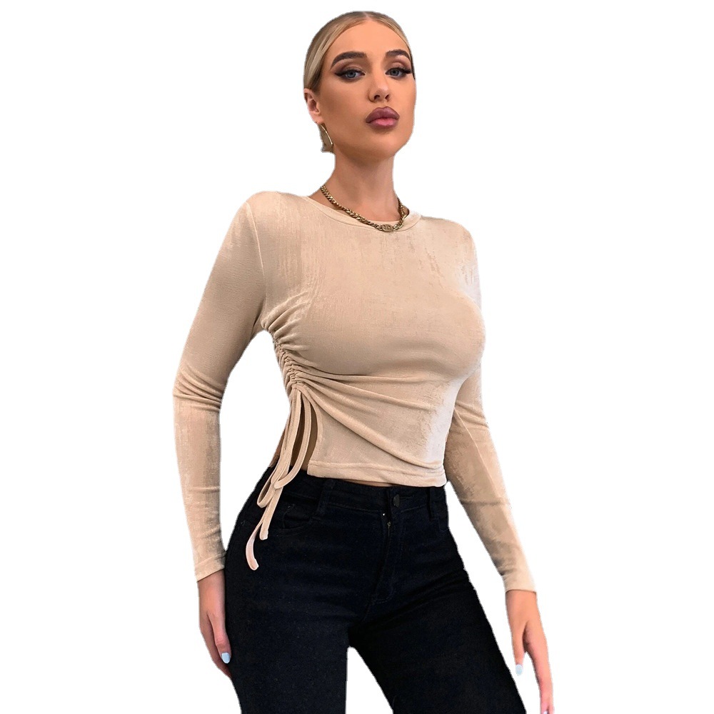 Voya Cross-border European And American 2026 New Style Ruched Slim-fit Round-neck Pullover Glossy Long-sleeve T-shirt Knitted_ecoleips.com