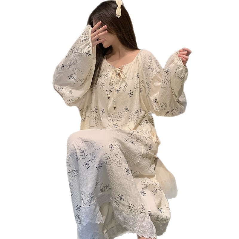 公主风睡裙女带胸垫春秋季甜美宽松云朵棉大码睡衣裙家居服可外穿|undefined