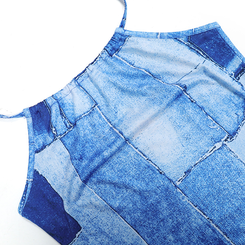 Women Clothing Sexy Slim Fit Hip Dress Imitation Denim Printing Slip Dress