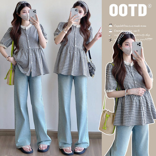 Real shot in stock ~ summer new lace collar black and white check fashion all-match plus size pregnant women loose belly shirt