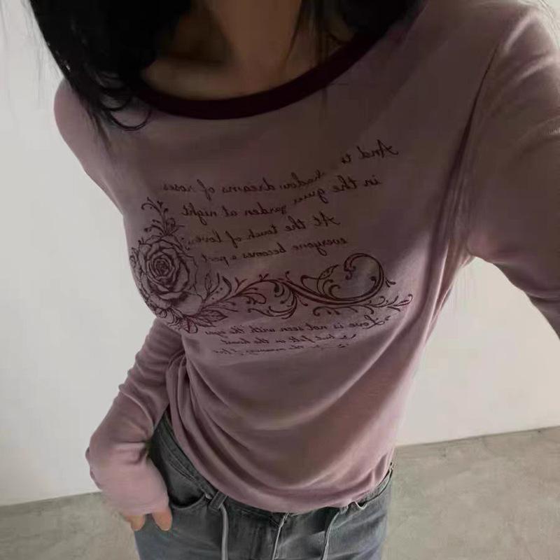 Qc Non-Returnable 2026 New Korean Dongdaemun Style Round Neck Color-Blocked Letter and Floral Print Long-Sleeve T-Shirt Top Qc Non-Returnable 2026 New Korean Dongdaemun Style Round Neck Color-Blocked Letter and Floral Print Long-Sleeve T-Shirt Top