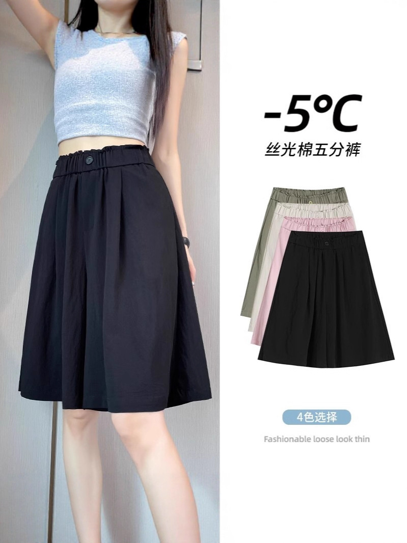 Real Shot of Ice Silk Yamamoto Shorts for Women, New Summer Style, Plus-Size, High-Waisted, Casual Wide-Leg Versatile Mid-Length Shorts, Five-Point Skirt Pants