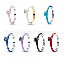 潘家白铜镀银镶钻滴胶红色粉色蓝色对戒爱心绿松石心形黑色戒指