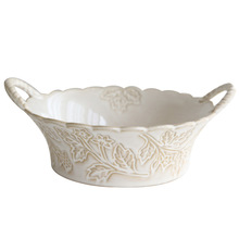 美式復古浮雕葉子陶瓷餐具歐式圓形西餐盤湯盤碗盤套裝沙拉碗盤