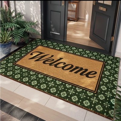 Avtomobil döşəmə paspasları: Non-Slip Mat for Home - green-background-gold-flower-welcome-imitation-coconut-palm-floor-mat-3050cm-imitation-coconut-palm