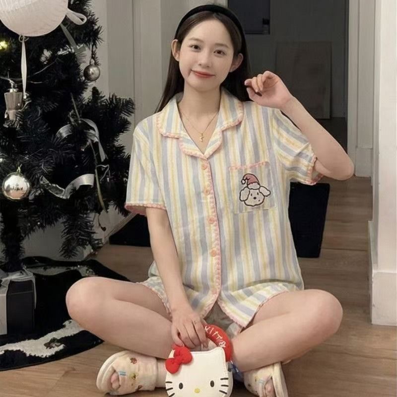 Pijamas de media luna al por mayor transfronterizos de verano de nuevo algodón nubes con solapa de manga corta pantalones cortos casuales set de ropa casera