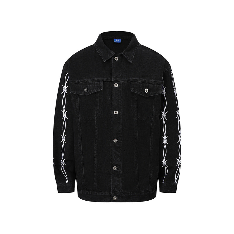 Herrenbekleidung im Retro-Stil, weiße, abgenutzte Herren-Jacquard-Jeansjacke, personalisierte Jeansjacke, gerade und weit, lockere und bequeme Oberbekleidung, Jeansjacke_voghion.com