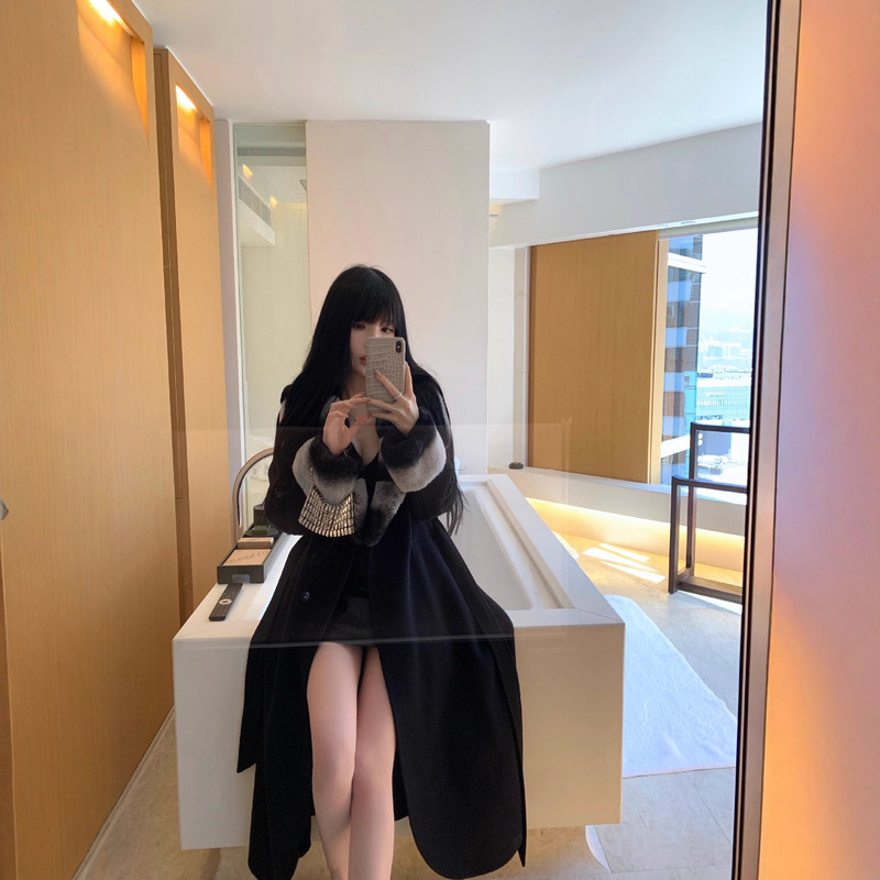 [Korean Drama Daughter] New Classy Double-Sided Wool Outwear Fur Outwear for Women Autumn and Winter Totoro Green Purple Blue Long Style