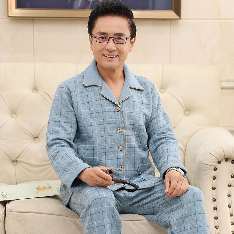 中老年睡衣男士春秋款夹层加厚纯棉长袖爸爸家居服套装可外穿|undefined