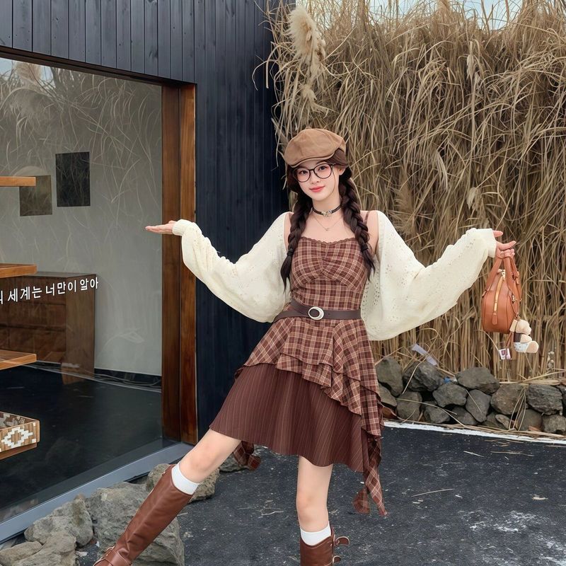 胖mm韩系辣妹时尚格纹女秋季新款收腰显瘦不规则吊带裙大码连衣裙|undefined