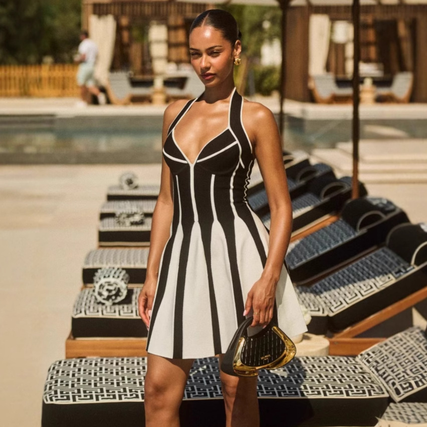 Independent Station Cross-border Fashion Black and White Low-cut Neck Hanging Waist Short dress Temperament Party Holiday Bandage Dress