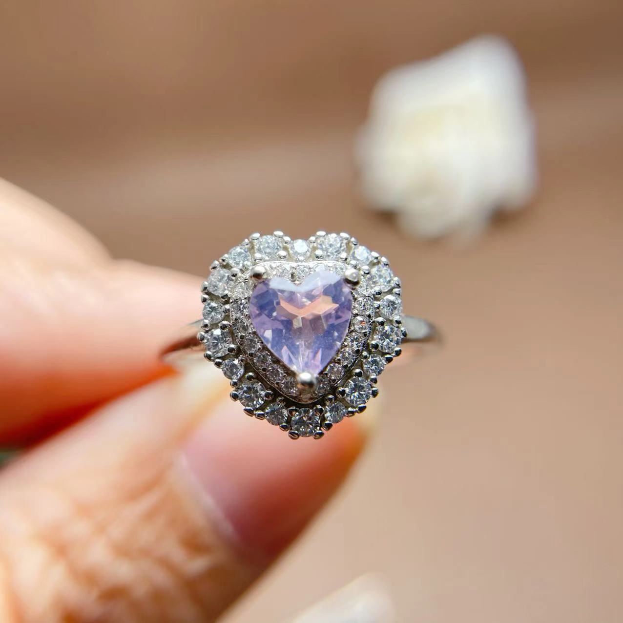 Organic lavender ring with crystal with amethyst