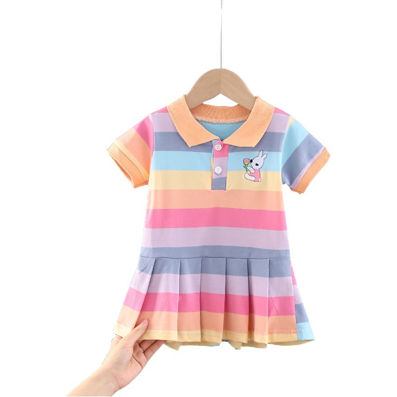 Bebé niña vestido de verano 1-2-3 años 4 niñas estilo occidental ropa de verano infantil solapa rayas manga corta Falda plisada