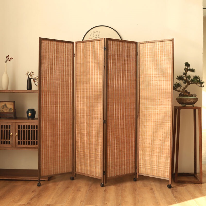 Sliding Screen Partition for Living Room, Simple Sliding Wheel Entrance, Japanese Retro Movable Folding Room Bedroom Curtain