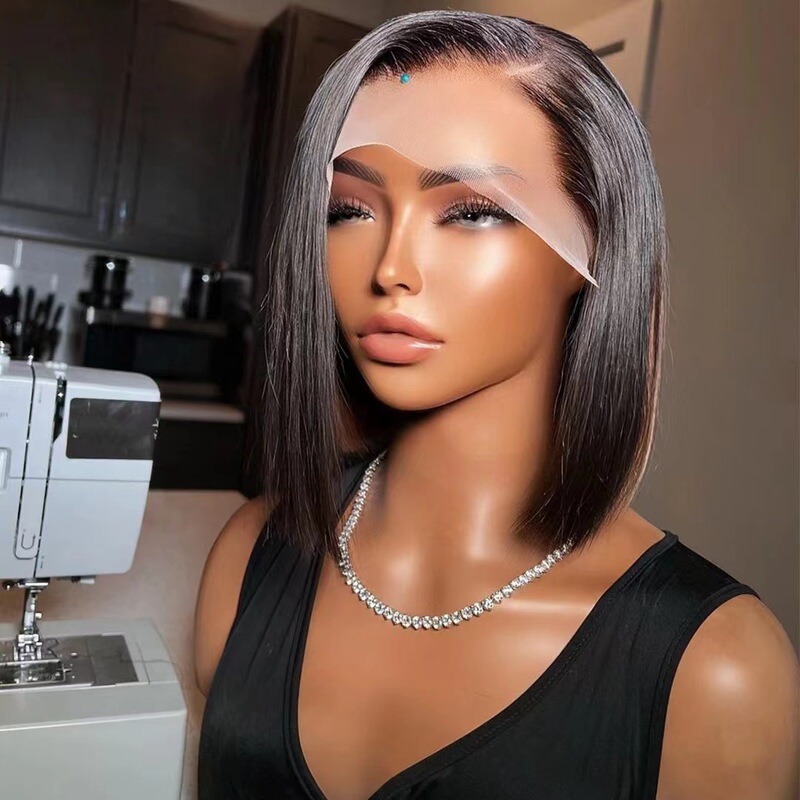 Cross-Border Temu Hot-Selling 13*4 High-Definition Transparent Short Straight Hair Front Lace Bob Wig Chemical Fiber Full Headgear Manufacturer