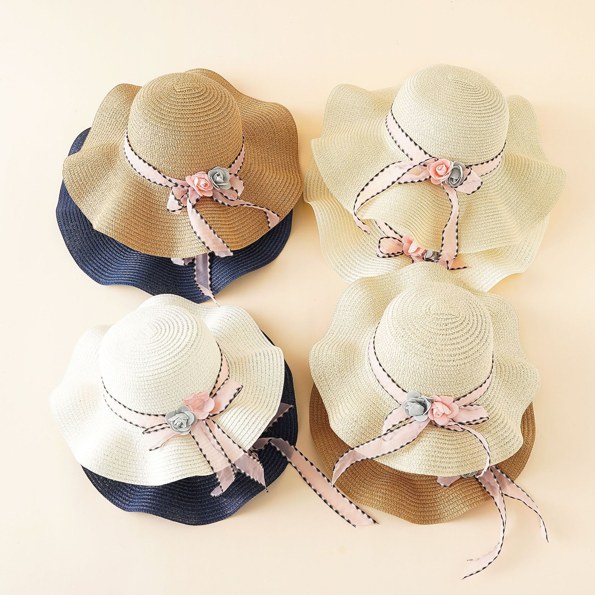 Flor de malla para padres e hijos ala grande protección solar sombrero para el sol verano viaje de vacaciones de las mujeres plegable playa sombrero de paja