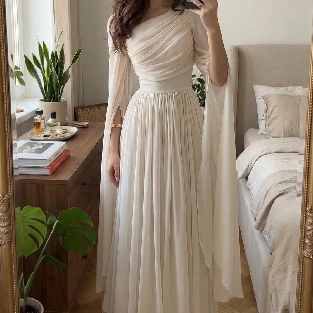 Elegant Vintage Long Sleeve Midi Dress With High Waist And Ruffle Detail For Women, Casual Bodycon Maxi Dress_ecoleips.com