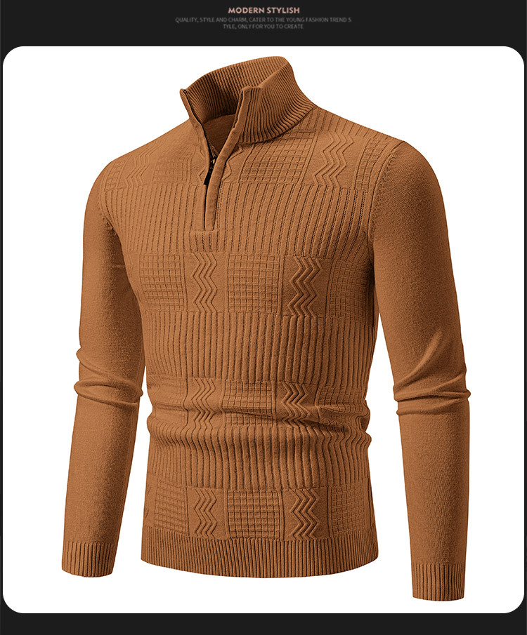 Maglione lavorato a maglia da uomo, maglione lavorato a maglia con zip e collo semi-dolce da uomo, pullover a maniche lunghe, casual, vestibilità slim, strato di base termico_voghion.com