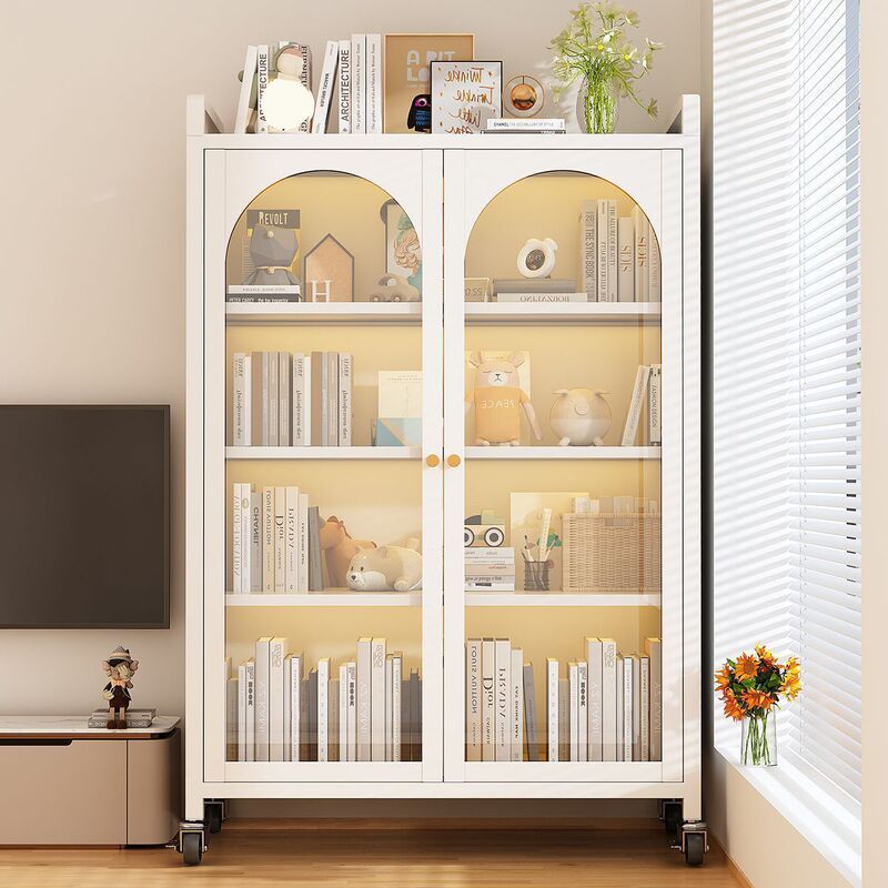 Removable Low Bookcase with Door Glass Door Retro Bookshelf Floor Rack Children's Dustproof Steel Storage Cabinet