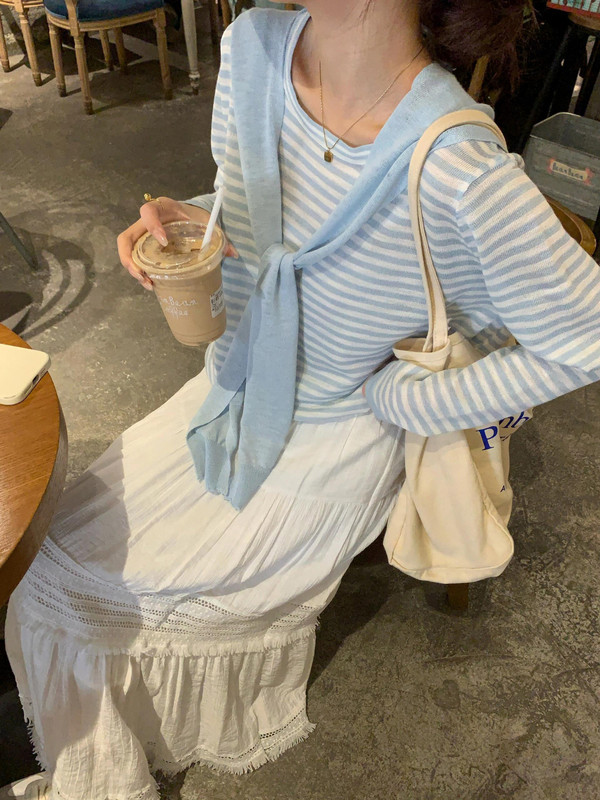 韩系慵懒风冰丝针织条纹防晒罩衫女春秋薄款长袖t恤外搭披肩上衣|undefined