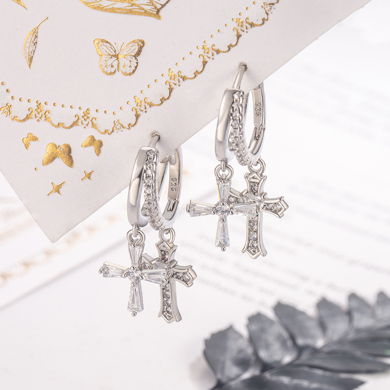 Micro-Paved Zircon Double Cross Straight Needle Earrings for Women, Accessible Luxury, High-End Niche Design, Versatile Earrings, Exquisite Earrings