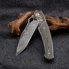 外贸热销乌兹钢折叠刀 钢头钛合金 碳纤维加金箔手柄高硬度小刀