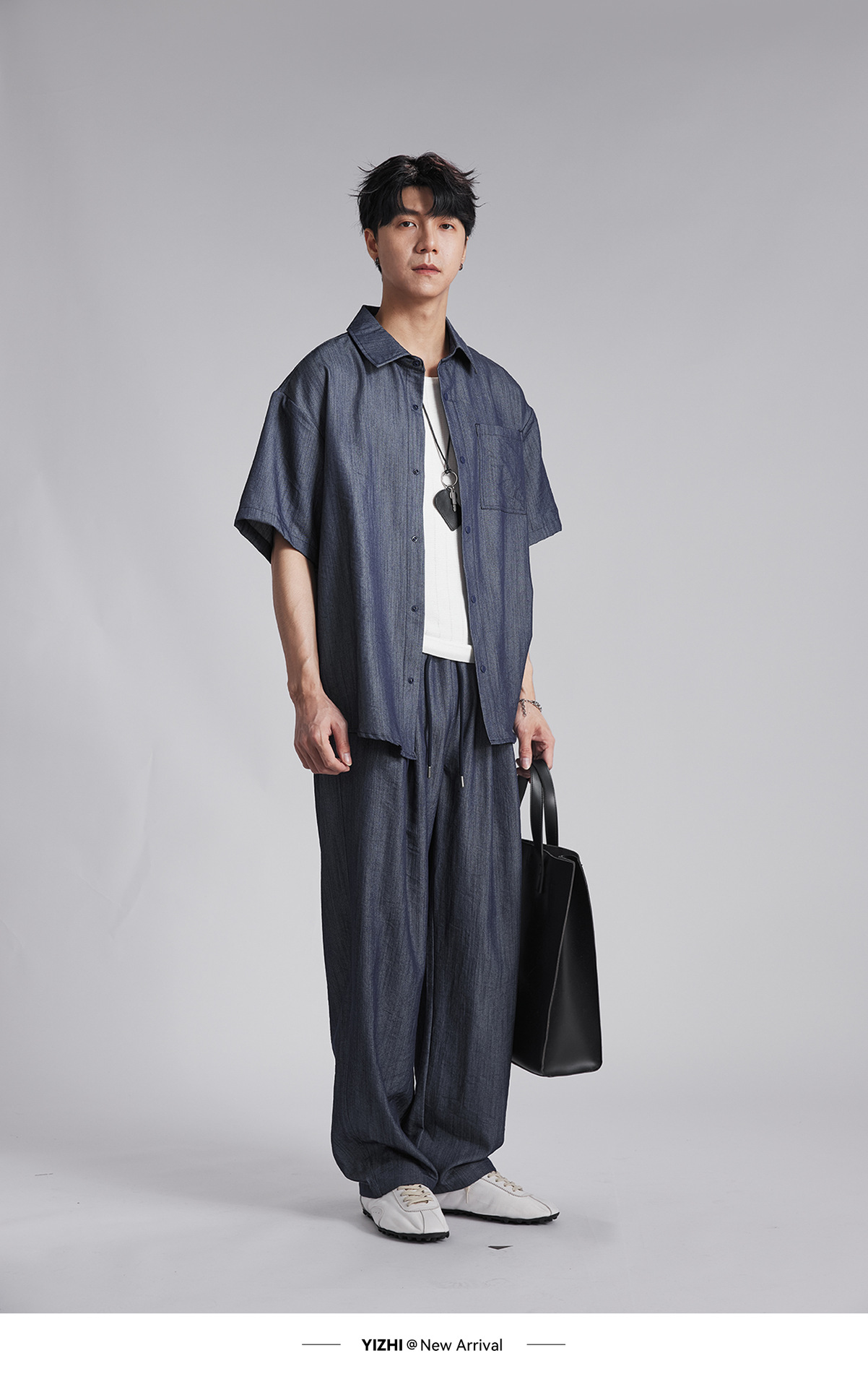 Bộ đồ thể thao nam phong cách denim giả, áo sơ mi dài tay phối quần ống rộng — Tây Tạng màu xanh - quần dài chi tiết 13