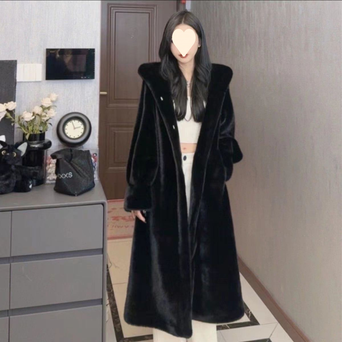 貂连帽加长加厚皮毛一体大衣女安可拉红新年毛毛外套女新款皮草女