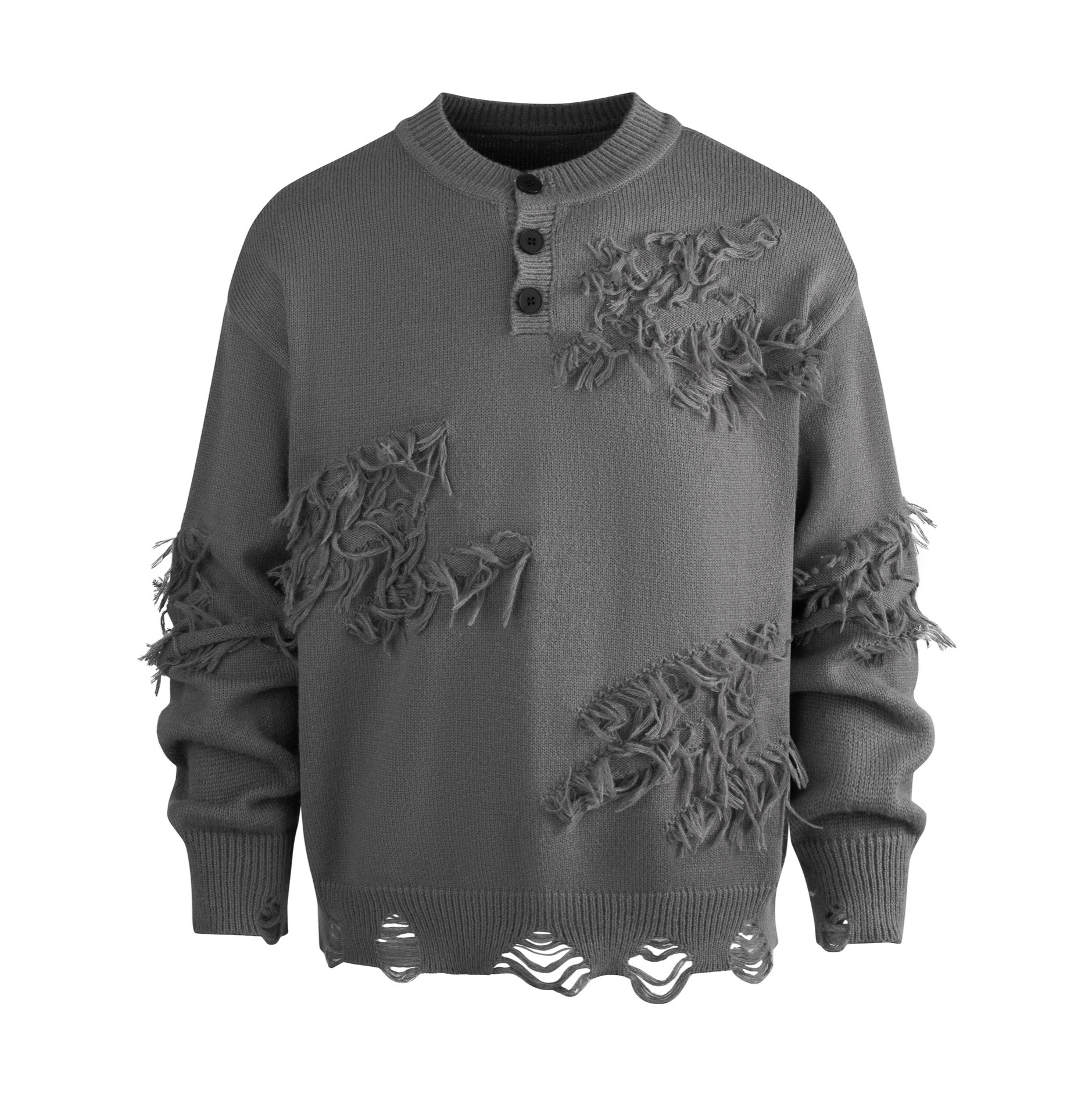 Men's Distressed Knit Sweater - Oversized Retro Pullover With Shirt Collar (White/Black/Gray) Fashion Trends_voghion.com
