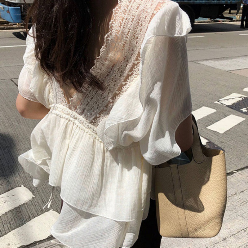 2025 New Little Fairy Bi Prepare Ruffled V-Neck Lace Top Loose Short-Sleeved Cream Apricot Chiffon Shirt for Women