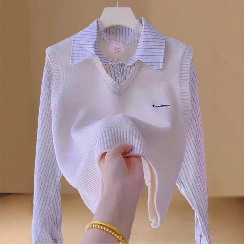 New spring and autumn women's knitted vest with shirt design, layered high-end faux two-piece shirt New spring and autumn women's knitted vest with shirt design, layered high-end faux two-piece shirt
