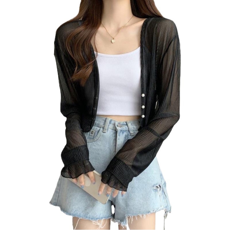 2023 Summer Sunscreen Long-sleeved Ice Silk Cardigan Thin Chiffon Shirt Sling Outer Blouse Air-conditioning Shirt Shawl Top