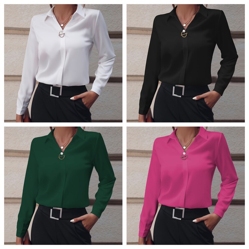 2025 European and American Commuter Women's Shirt All-match Simple Amazon Solid Color Shirt Long Sleeve Midi plus size Shirt