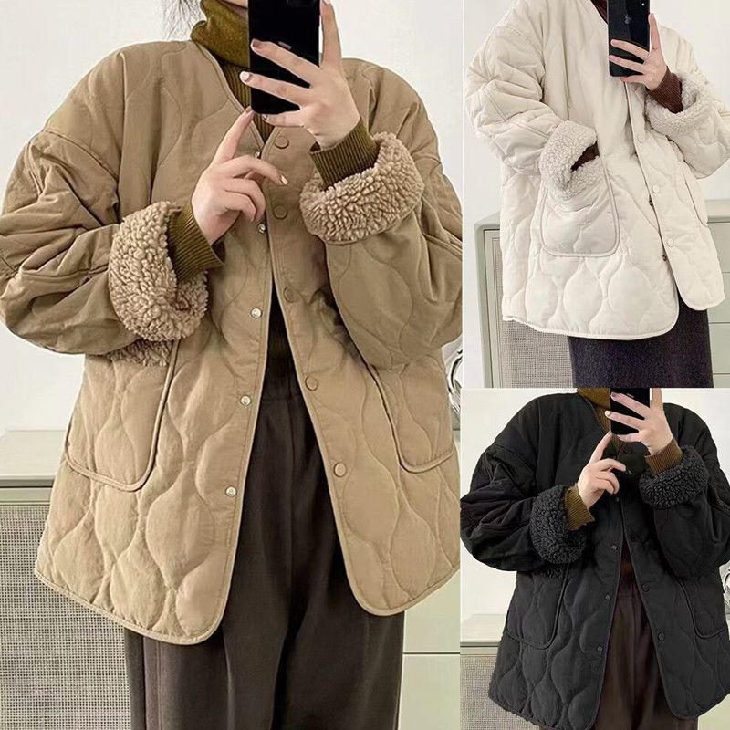 加肥加大码女装胖mm秋冬新款羽绒棉服羊羔绒拼接棉袄保暖棉衣外套