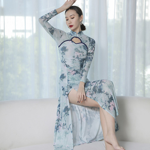 Cheongsam-style stand-collar autumn and winter classical stage clothing Mesh printing sexy hollow performance clothing high slit practice clothing