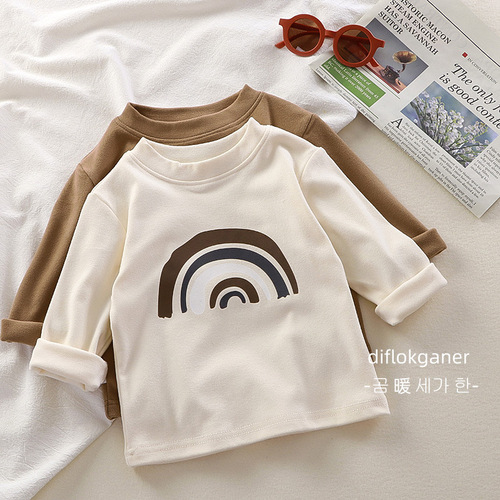Children's Fall and Winter Fleece Warm Clothing for Boys and Girls, Cartoon Korean Style, Stylish Long-Sleeve Base Shirt, Innerwear Top Sweatshirt