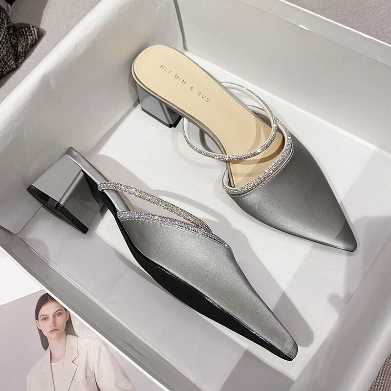 2026 Retro Chunky Heel Closed-Toe Mules for Women, Summer Versatile Mid-Heel High Heels, Low-Heel Slip-On Mules