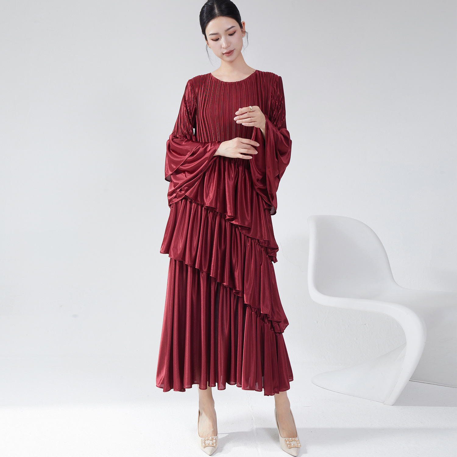Foreign Trade Dress for Women Spring and Summer High-End Round Neck Trumpet Sleeve Cake Skirt Fashionable Elegant Pleated Dress Skirt