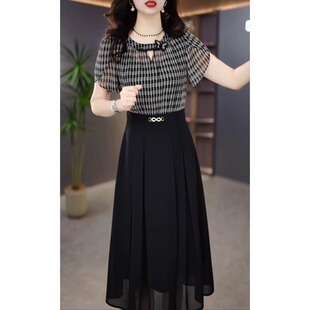 Elegant Waist-Cinching Plaid Short-Sleeve Dress for Women, 2025 Summer New High-End Two-Piece Thin Dress for Moms