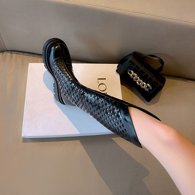 Boot nữ da bò đế dày cổ cao ống lưới — Màu nâu ống lớn, Màu đen cổ ống lớn, Ống nhỏ màu đen, Chu vi ống lớn màu trắng Be chi tiết 31