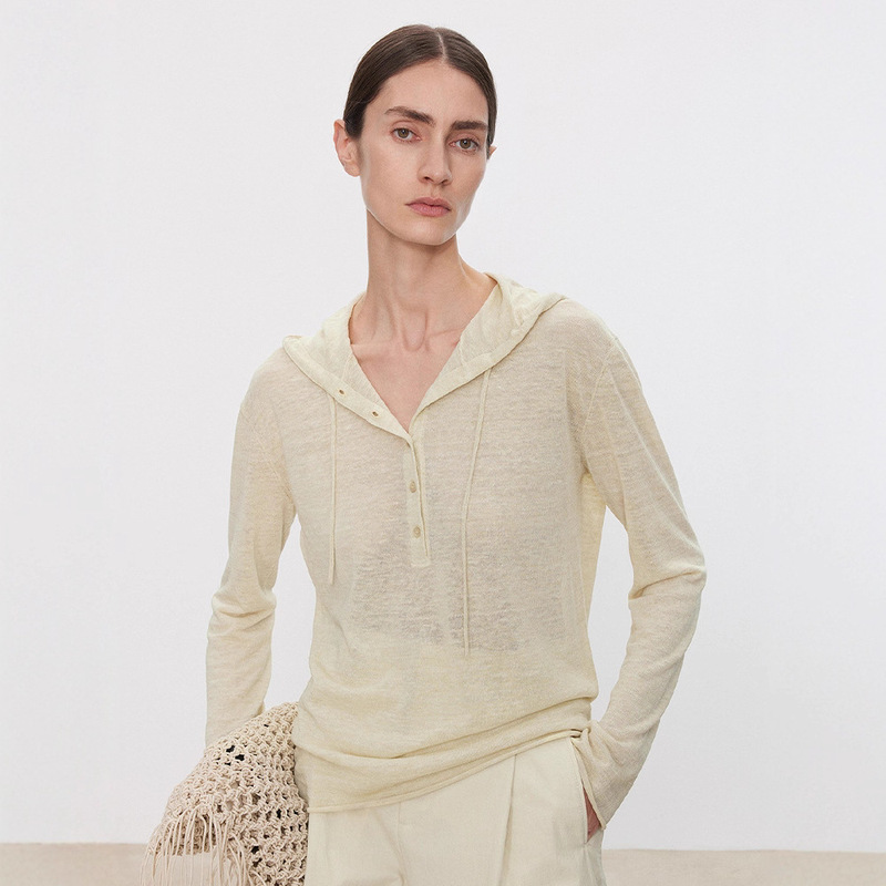 Th~Row Cool Mixed Color Texture Organic Linen Clip Yarn Relaxed Retro Henry Hooded/Round Neck Top