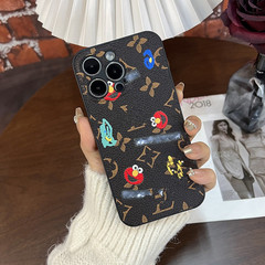 经典老花皮质适用16promax手机壳iPhone15pro芝麻街奢华防摔套13P
