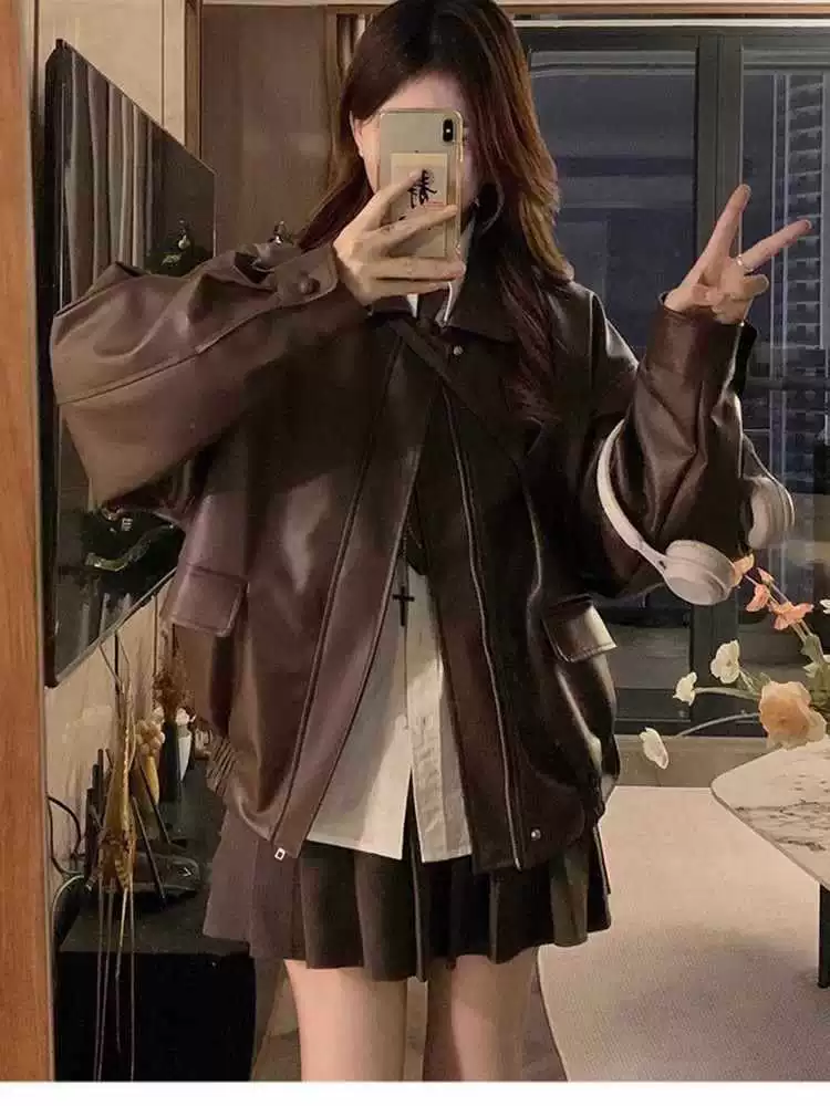 Brown autumn jacket, long-sleeve, Korean style, oversize