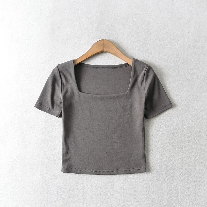 Net celebrity European and American style women's generous collar stretch short sleeve 2021 women's new elastic umbilical leaking T-shirt NSHS46608