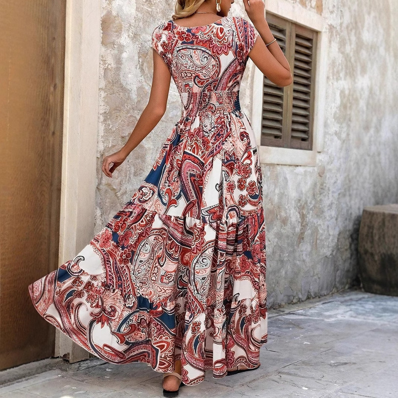 Cross-Border Printed Tube Top Dress for Women, Summer V-Neck Long Dress with Short Sleeves, Bohemian Style Long Dress, Beach Vacation Dress