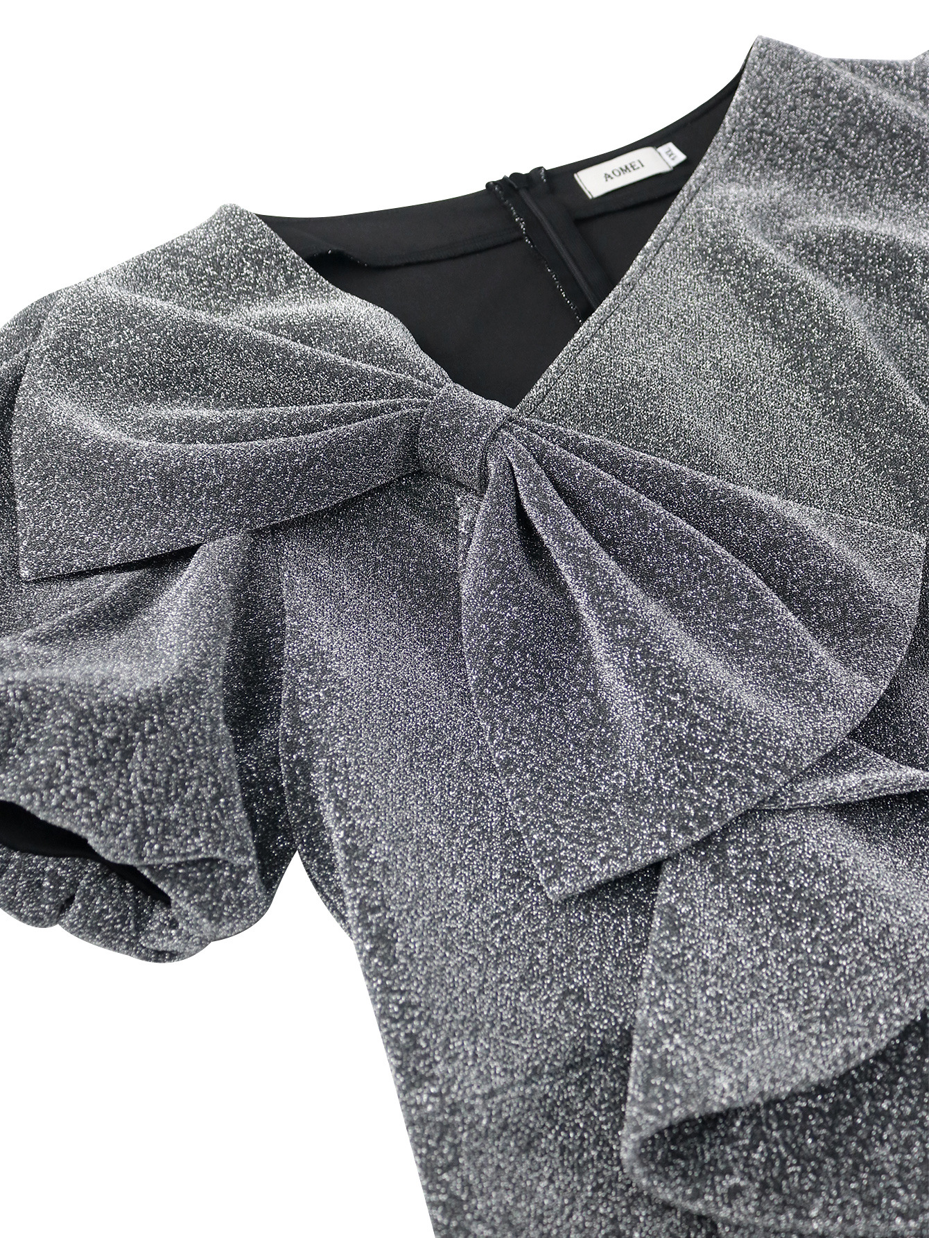 Spring Summer Bow Puff Sleeve Dress Party Nightclub Black Silver Hip Dress